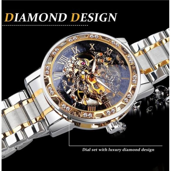 Retro Manual Mechanical Skeleton Watch with Diamond & Carving Flower,SilverBlack - Picture 5 of 6